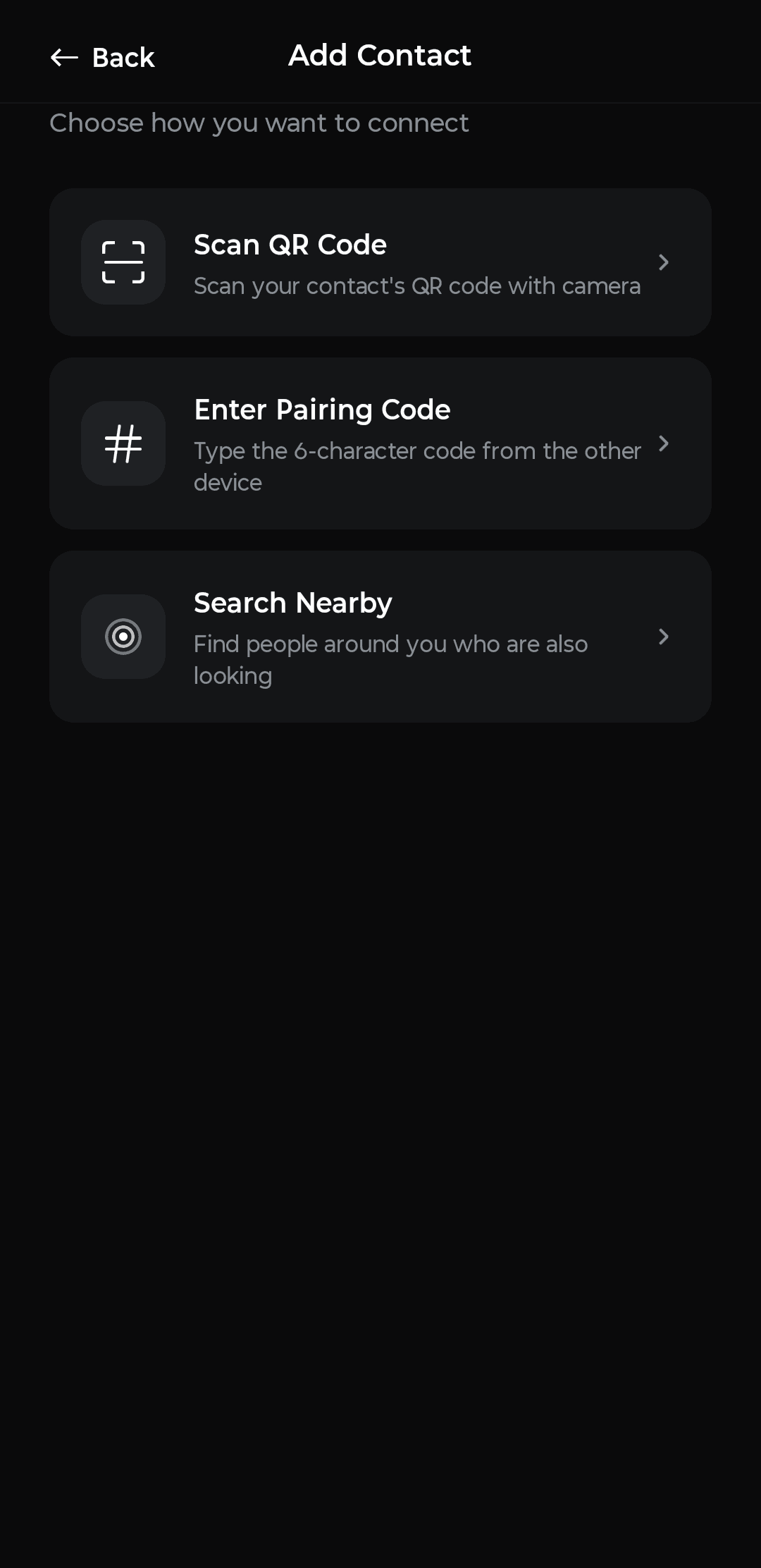 Add Contact — Scan QR, Enter Code, or Search Nearby