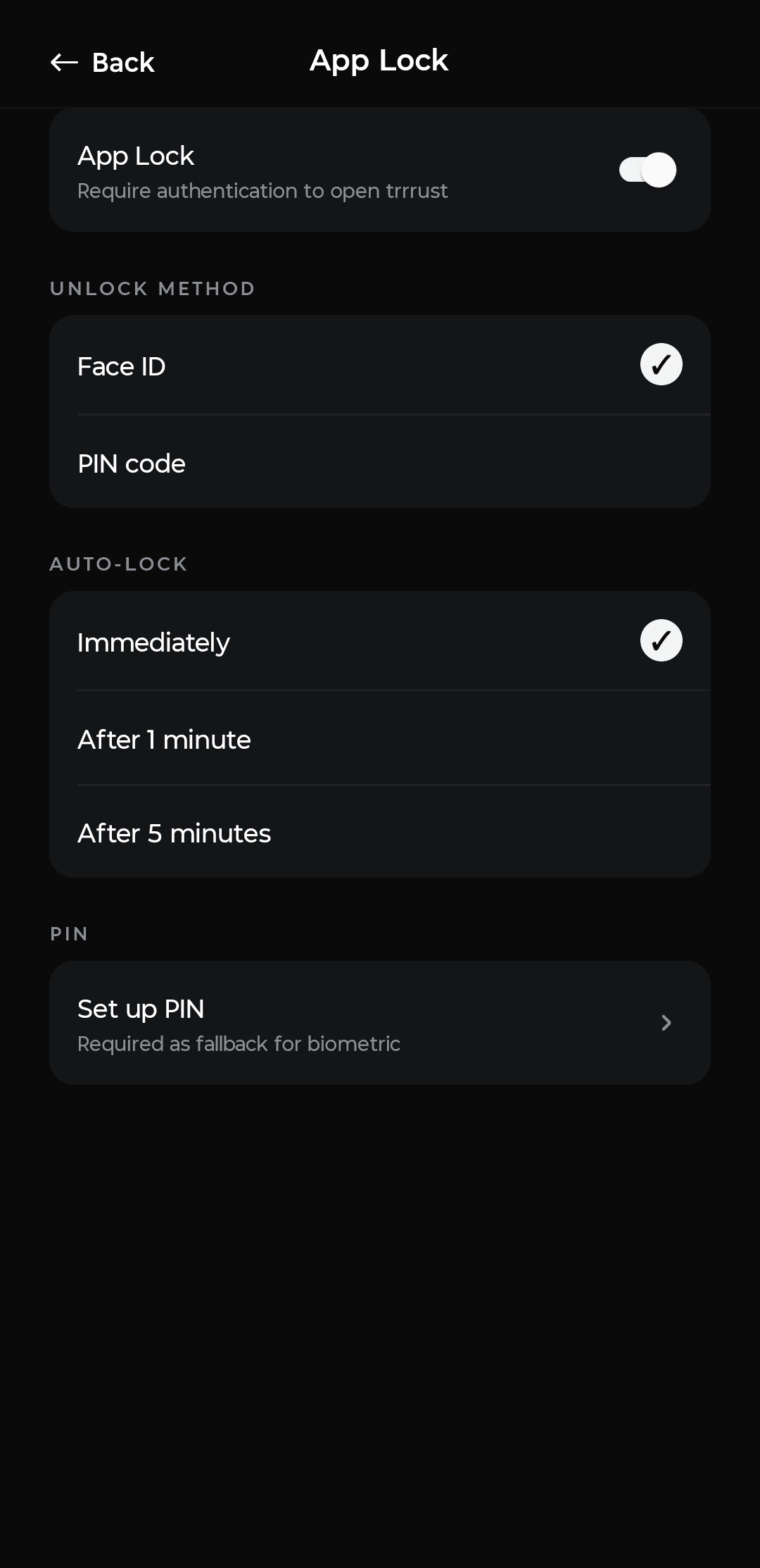 App Lock settings — Face ID, PIN, auto-lock