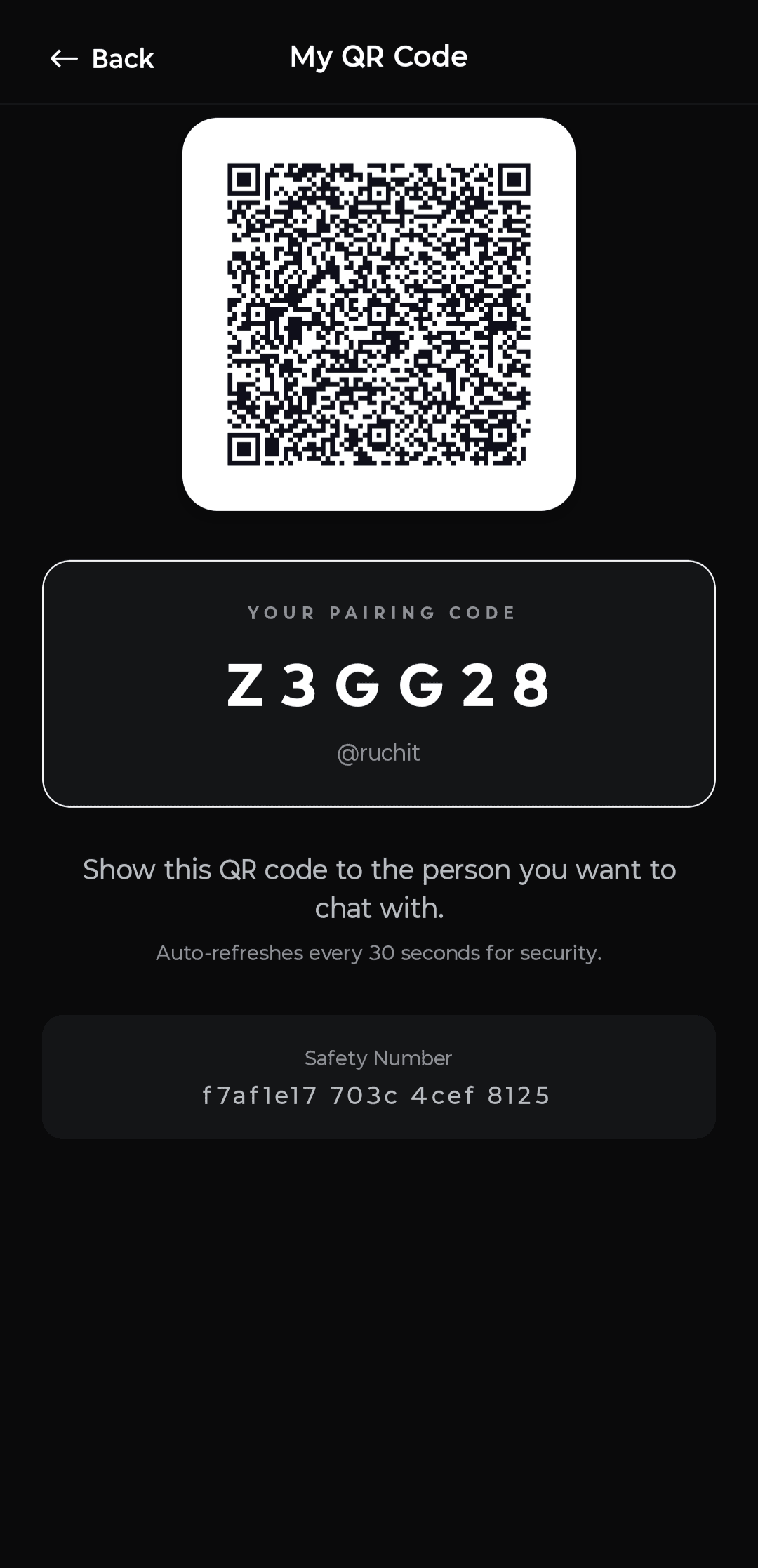 QR Code with pairing code and safety number