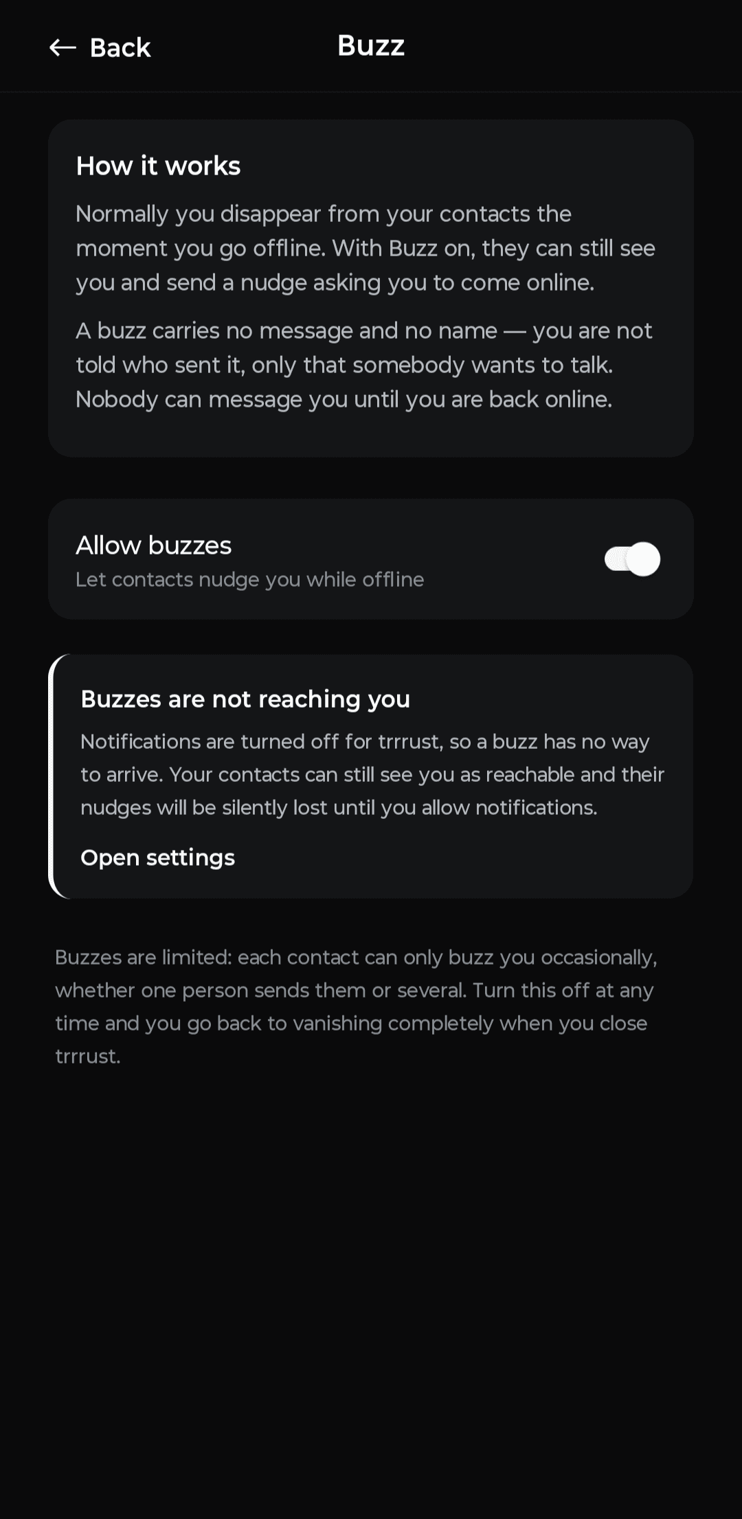 Buzz notification settings