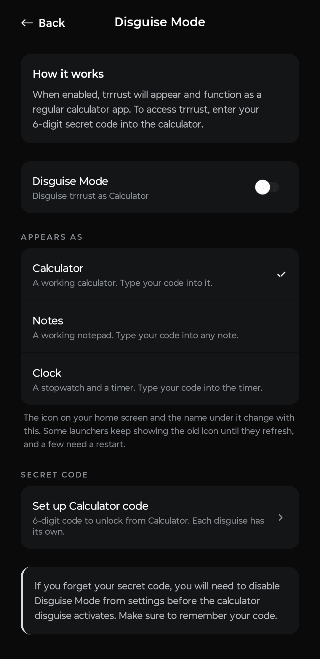 Disguise Mode settings — Calculator, Notes, Clock